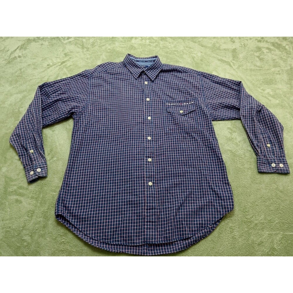 Tommy Jeans Men Size L  Long Sleeve Shirts 100% Cotton Hidden Pocket  Blue Check